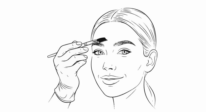 Line art of a person applying makeup to their eyebrows with a brush