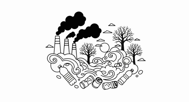 Industrial pollution pollutes land and sky with smoke and waste