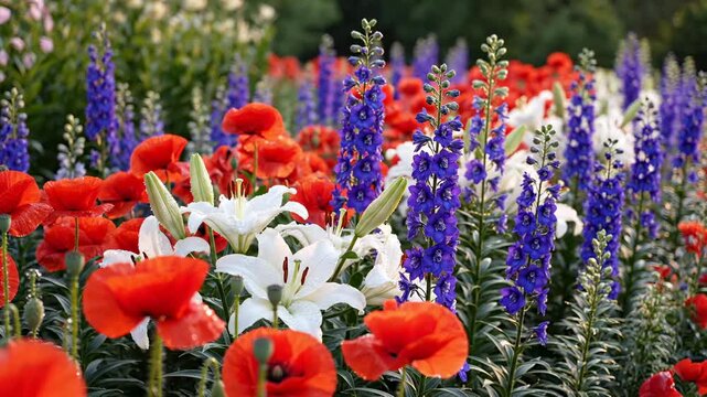 Vibrant flower garden with red poppies, white lilies and blue delphiniums in full bloom, sunny day, lush green foliage