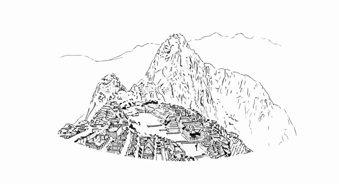 Ink sketch of ancient mountaintop ruins with iconic peaks and surrounding landscape