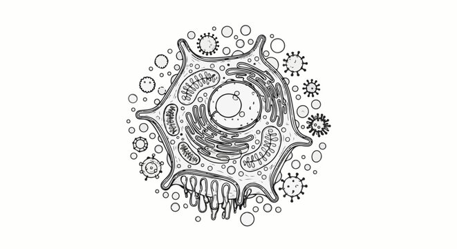 Intricate black and white illustration of a complex cell surrounded by viral particles