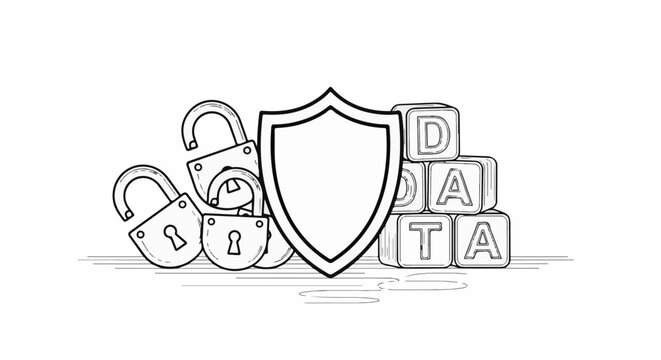Line art icon symbolizing data security with open locks and alphabet blocks