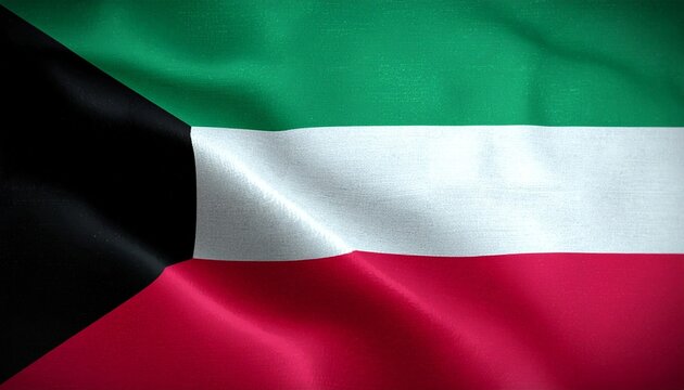 The Kuwaiti flag waves with green, white, and red stripes and black trapezoid, symbolizing Arab unity, heritage, and national pride, presented with motion and cultural identity.