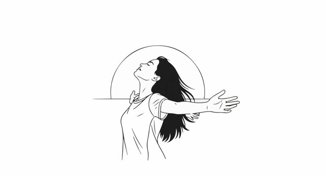 Line art of a woman with arms outstretched, head tilted back under a semi-circle