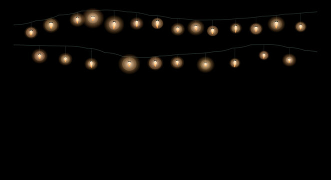 Glowing string lights in dark background with warm cozy lighting for festive decoration