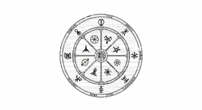 Intricate circular diagram with symbols and celestial motifs on a wooden background