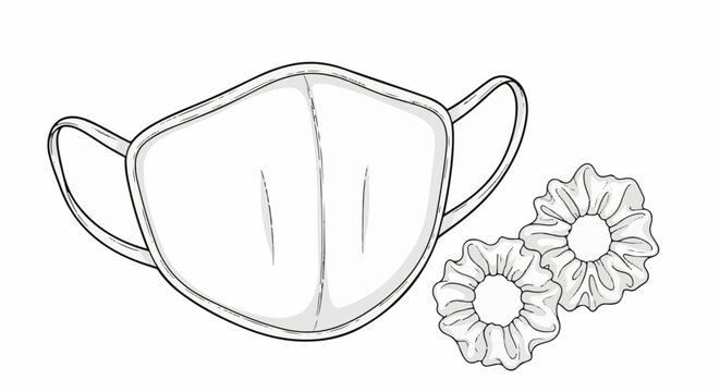 Line art illustration of a face mask and two scrunchies