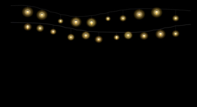 Glowing string lights in warm cozy lighting on black background for festive decoration
