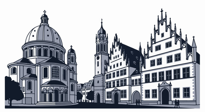 Line art illustration of a European city square with historic buildings