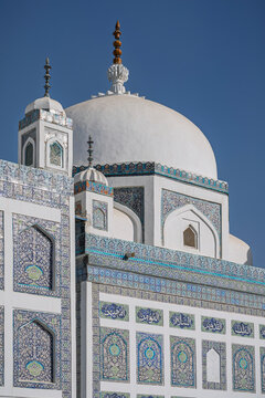 Scenic vertical exterior view of landmark Makhdum Nuh tomb or mausoleum, Hala, Sindh, Pakistan