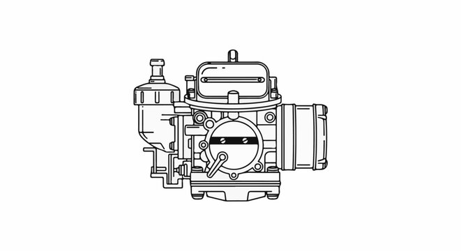 Line art illustration of a mechanical carburetor assembly with intricate details