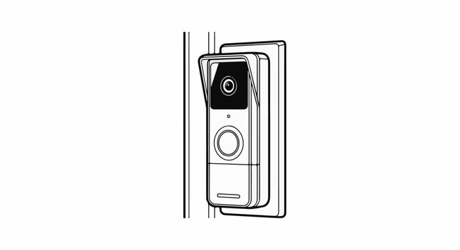 Line art illustration of a modern smart doorbell with a camera and button