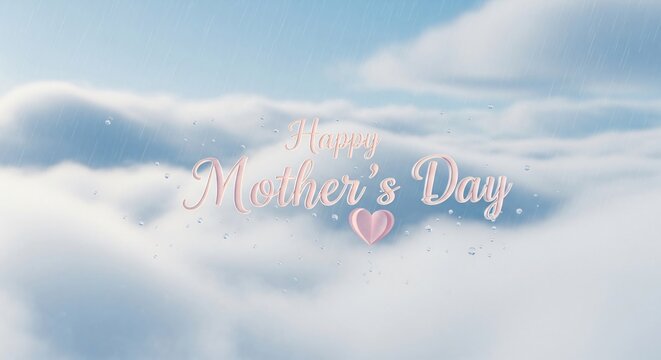 Happy Mother's Day pink script over soft clouds and rainy blue sky background, sentimental greeting card design with heart icon, ethereal memorial tribute and holiday celebration.