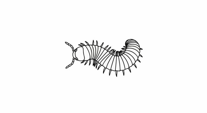 Line art illustration of a segmented millipede with many legs