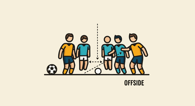 Illustration of a soccer offside situation with players and ball