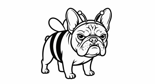 Grumpy french bulldog in bee costume with stripes and antennae