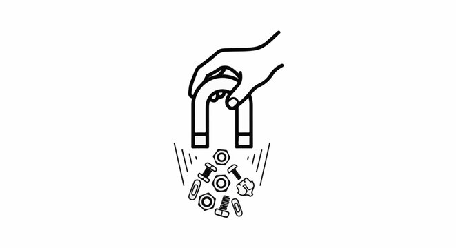 Hand holding horseshoe magnet attracting nuts and bolts