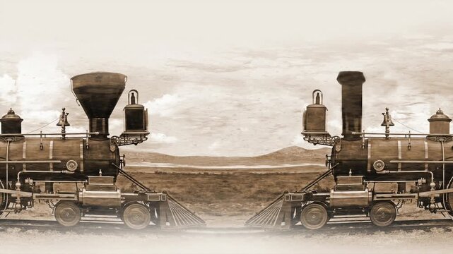 Simulated Victorian photograph of the railway engines meeting at the Golden Spike after completion of the transcontinental railroad	