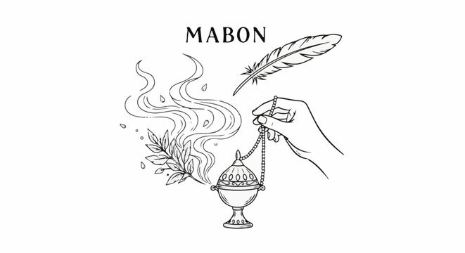 Hand holding incense burner with smoke, feather, and text "Mabon