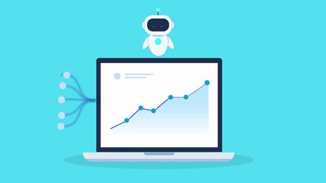 Clean animated video of an AI robot hovering above a laptop with a rising data chart and laboratory test tube icon, representing scientific data analysis, research, experimentation, and digital automa