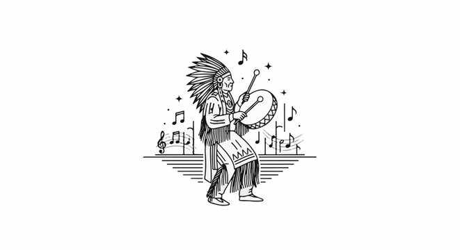 Hand-drawn depiction of a person in traditional regalia playing a drum with musical notes