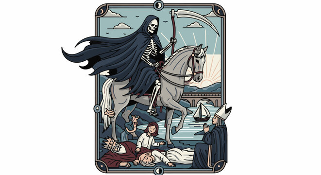Grim reaper on horseback surveys a somber scene of mortality at sunset