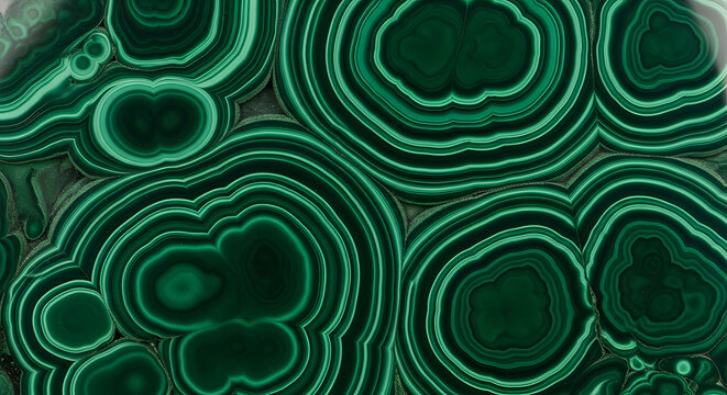 Close-up view of a polished malachite stone showcasing its intricate concentric green banding patterns.