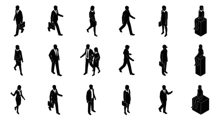 Fototapeta premium isometric silhouettes of business people walking and sitting in black and white
