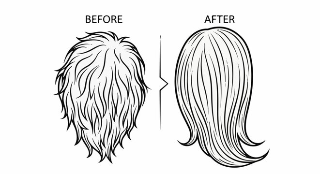 Hand-drawn illustration comparing messy, unkempt hair to smooth, styled hair
