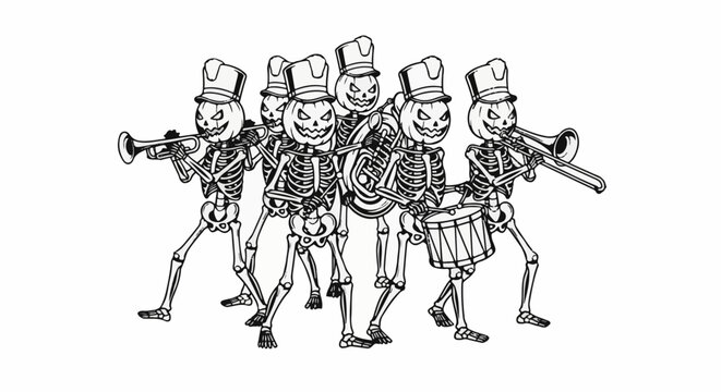 Halloween skeletons in marching band attire play instruments in procession