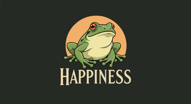 Green amphibian sits before a warm orange sun with text below