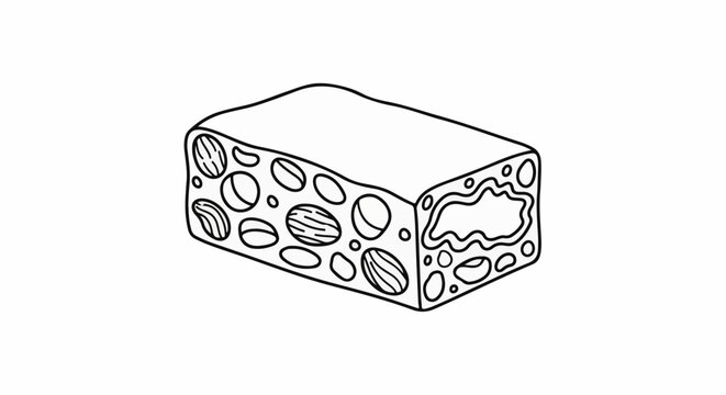Hand-drawn outline of a block of nougat with nuts and fruit