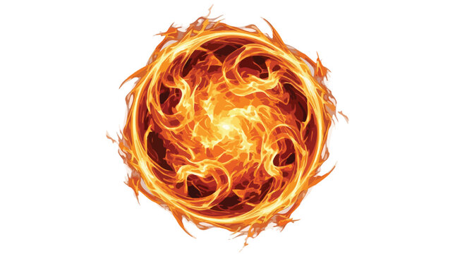 Intense swirling fireball with bright orange and yellow flames radiating fiery energy on transparent background