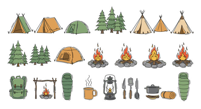 A vibrant assortment of hand-drawn camping icons featuring colorful tents and crackling campfires set against a clean and bright white background.