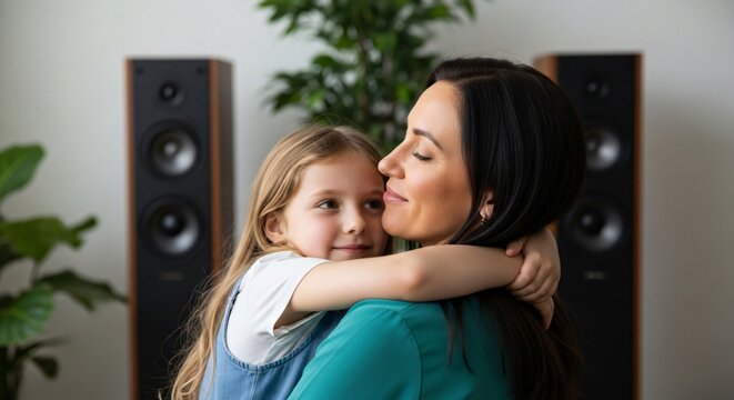 Loving daughter hugging her mother at home, celebrating Mother's Day, heartfelt family bond, mother and daughter embrace, peaceful domestic lifestyle, unconditional love