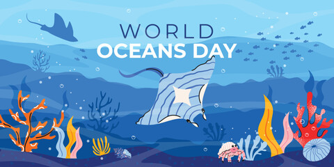 Trendy World Oceans Day vector poster with stingray, fish and corals. Bright underwater scene, clean flat style, perfect for eco themes, education, summer designs and social media. © m_matvi