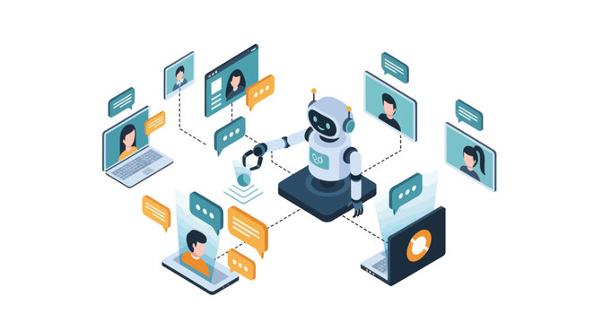 Artificial Intelligence Robot Connecting People Through Digital Communication.