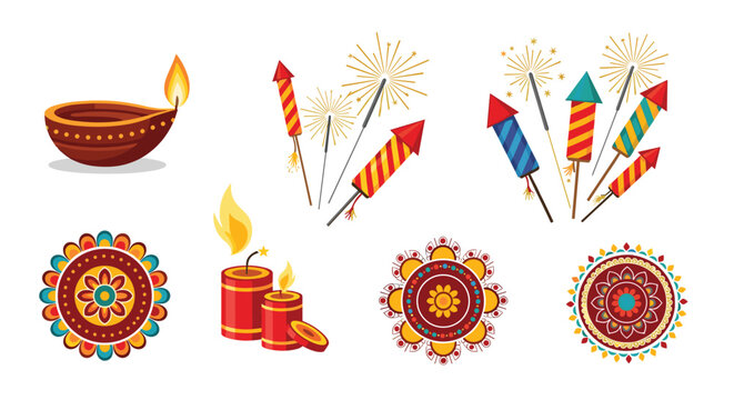 Detailed Diwali graphic icons feature a single glowing diya and various firework rockets alongside colorful circular rangoli patterns on white.