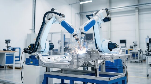 Industrial robotic arms performing automated welding on metal car parts in smart factory, advanced manufacturing technology, automotive production line, sparks flying during