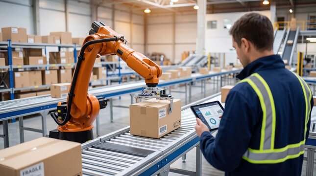 Worker monitoring orange robotic arm moving cardboard box on conveyor belt in warehouse, logistics automation, supply chain management, tablet control interface for industrial