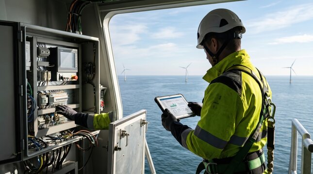 Technician performing maintenance on offshore wind farm electrical panel using tablet, renewable energy industry worker, safety gear and helmet, ocean background, green power