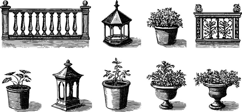 Vintage engraved clipart sheet of balcony railings balustrade pots urns and decorative lanterns for decorative design background