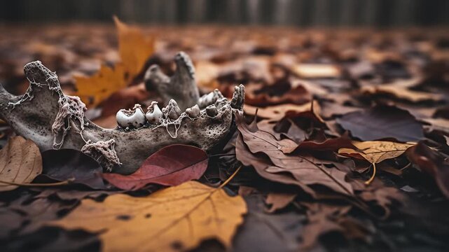 Animal jawbone with teeth in autumn leaves, earthy hues, shallow focus