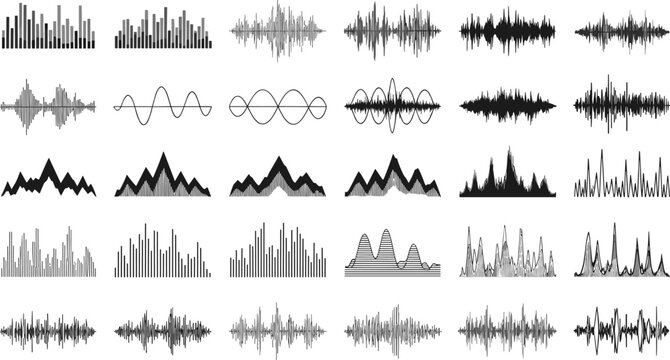 Audio Waveform Sound Visualization Vector Set with Music Frequency Waves, Signal Equalizer Shapes, and Abstract Soundwave Elements for Digital Media Design