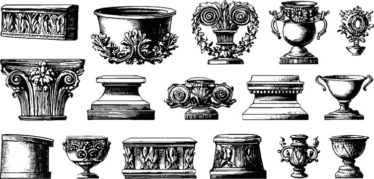 Vintage engraved clipart assortment of architectural capitals bases urns and decorative panels for poster and surface design with classical ornamental details