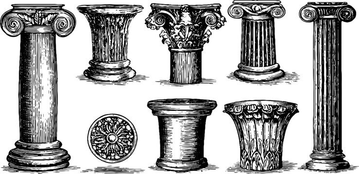 Antique engraved clipart collection of varied architectural column shafts and bases for banner and background design with ornate capitals and carved details
