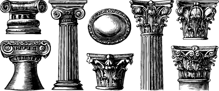 Vintage engraved clipart sheet of classical architectural columns and capitals for background and poster design featuring ionic doric and corinthian elements