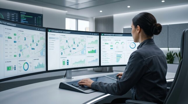 Operator monitoring sustainable fleet management system on triple screen display with GPS tracking maps, battery status charts, and performance metrics in high-tech logistics