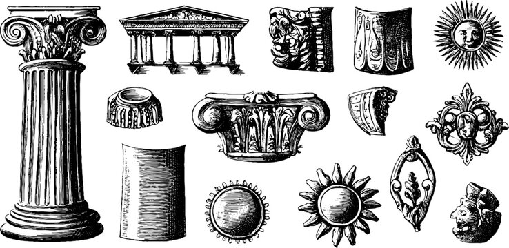 Vintage engraved sheet of classical columns fragments pediments medallions and decorative sun motifs for design background and ornamental use