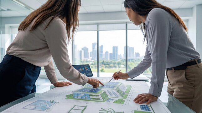 Two business women architects discussing solar panel blueprint plans on table, sustainable energy project design, renewable power plant construction meeting